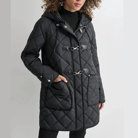 DKNY Women's Water Resistant Black Hooded Quilted Jacket Size XXL (MSRP $180) - Picture 1 of 10